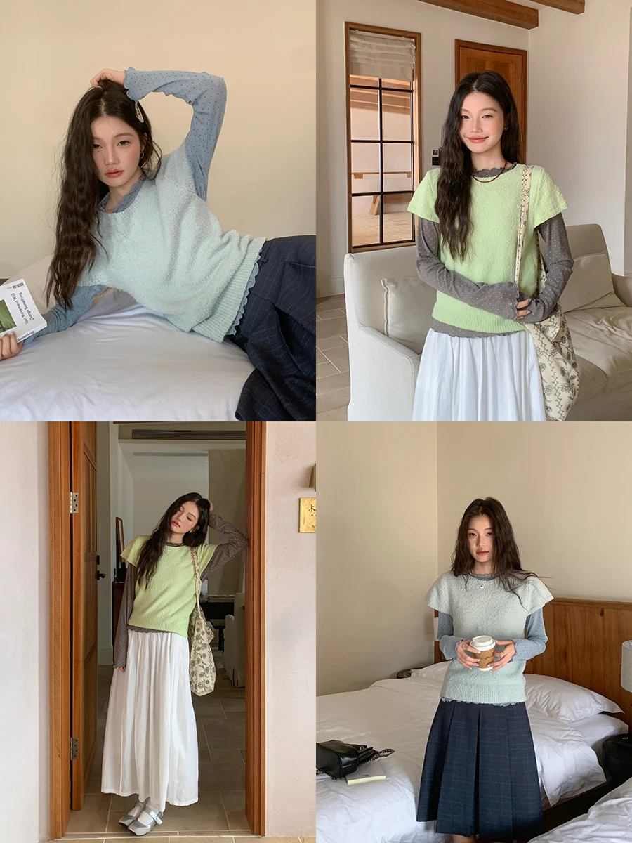 

Linyunyun Blue Early Spring Short Sleeve T-Shirt Soft Green Outerwear Layering Top Casual Loose Knitted Female Fashion