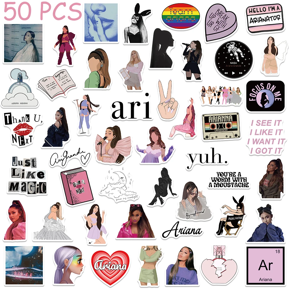 50pcs Hot Singer Ariana Grande Stickers Superstar Concerts Decals For Phone Laptop Suitcase Skateboard Guitar Aesthetic Stickers