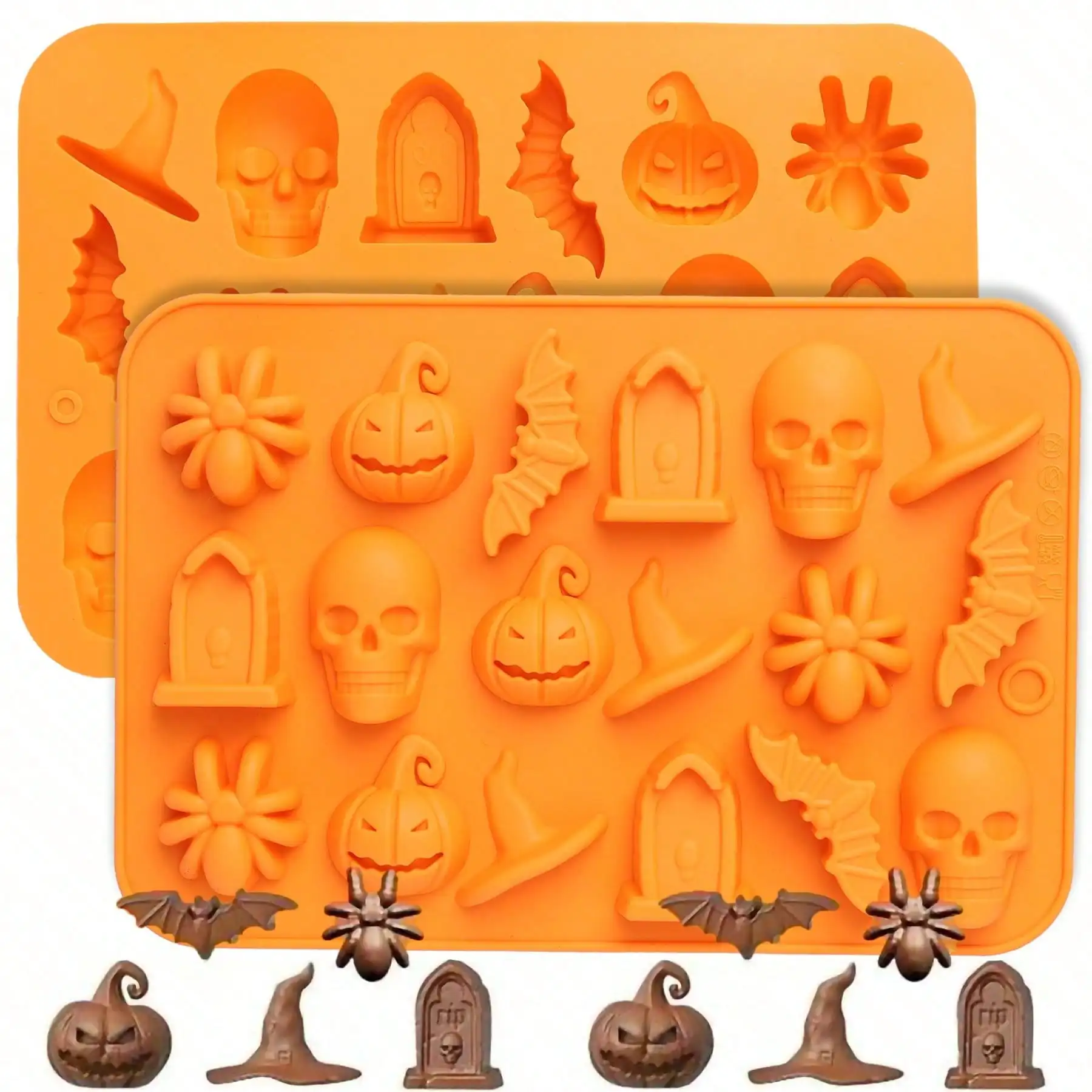 1-2PCS 18-Cavity Halloween Silicone Mold - Nonstick Orange Chocolate Candy Mold with Pumpkin Spider Bat Skull Tombstone, Baking