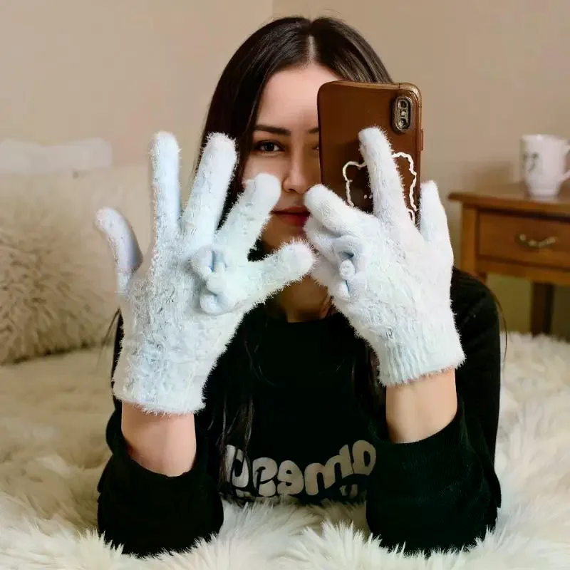 قفازات قطيفة مزينة بفيونكة ممتعة؛ قفازات شتوية معزولة للاستخدام المدرسي؛ إكسسوار نسائي عصري وهدية العيد #4