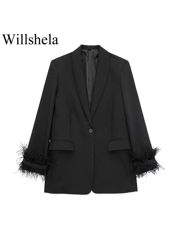 Willshela Women Fashion Satin Black With Feather Blazer Jacket Vintage Notched Neck Single Button Long Sleeves Female Outfits