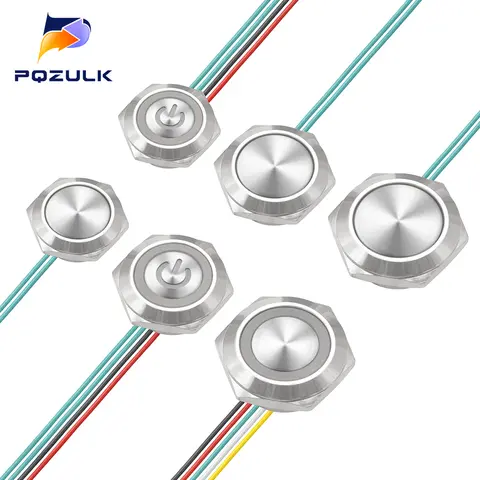 Interruptor de botón ultracorto resistente al agua, 16/19/22mm, 12V, 24V, luz led, botones de cableado de reinicio automático momentáneo sin fijación