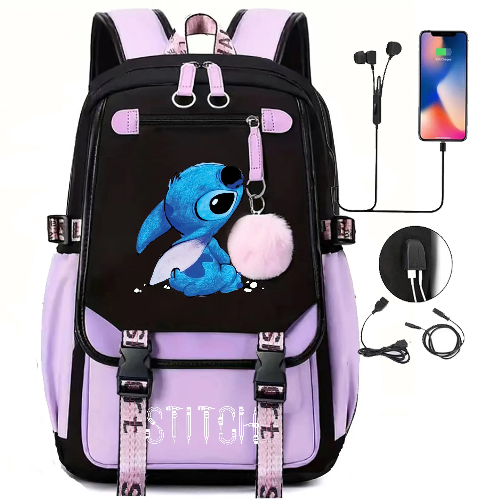 Lilo Stitch Backpacks USB Cartoon Purple Printed Boys Girls School Bag Students Bookbag Teens Women Mochila Escolar Niña