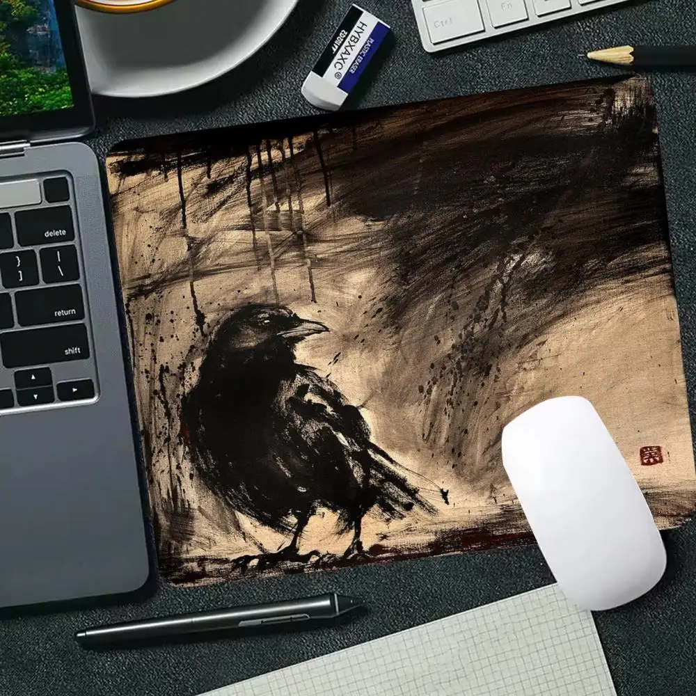 Chinese Ink Wash Crow Art Gaming Mouse Pad Small Deskmat Anti‑slip Lock Edge Speed Mousepad Pc Laptop Gamer Desk Protector