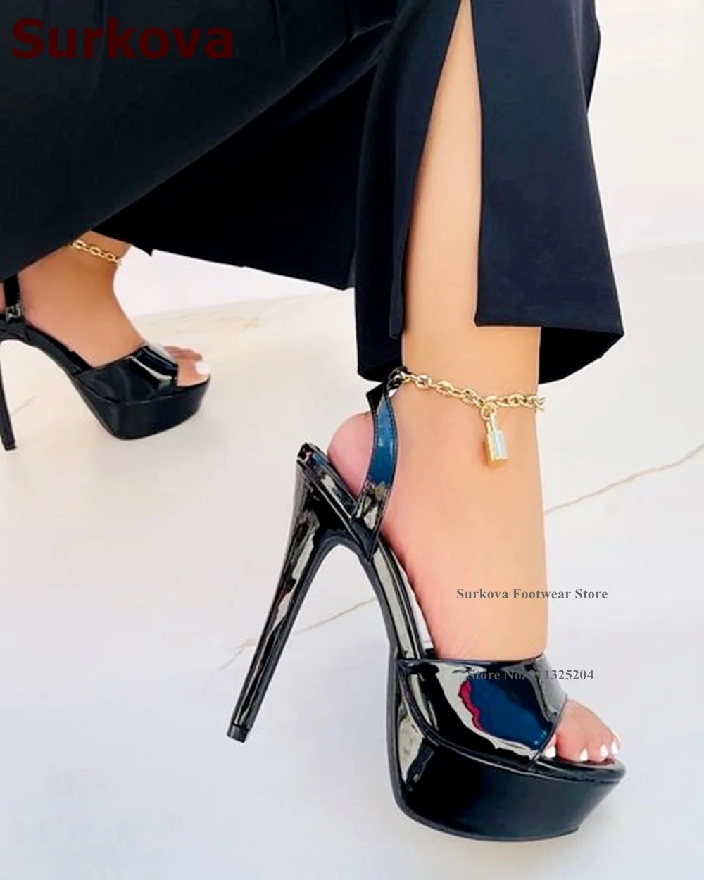 Surkova Gold Chain Ankle Strap Padlock Sandals Neon Yellow Orange Pink Patent Leather Platform Dress Shoes Stiletto Heel Pumps