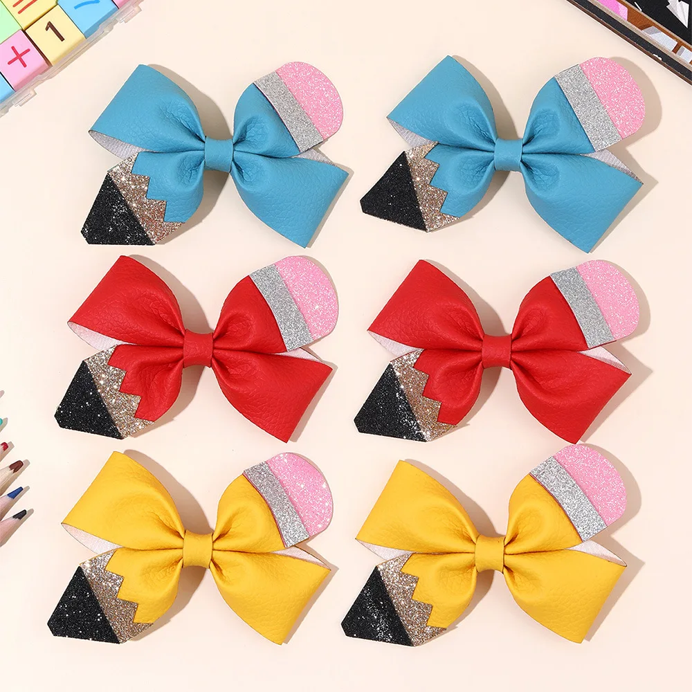 

36pc PU Leather Hair Clips for Girls Crayon Pattern Bow Hairpin Kids Barrettes Pencil Print Hair Accessories for Back to School