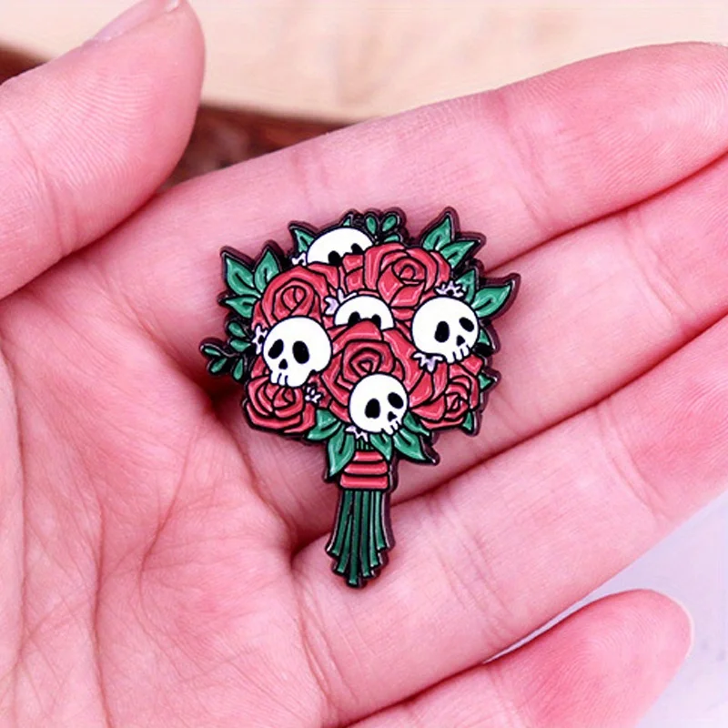 Flower Bouquet Skull Enamel Brooch Rose Terror Creepy Lapel Badge Bags Accessories