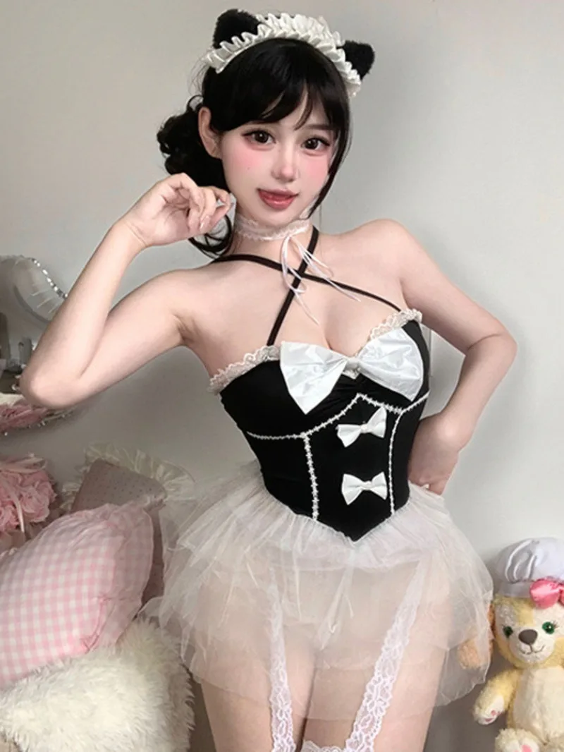Sexy Pure Desire Anime Soft Girl Maid Dress Lace-up Dress Cute Girl Sweet Backless Deep V Sleeveless Hanging Neck Dress T1Q2
