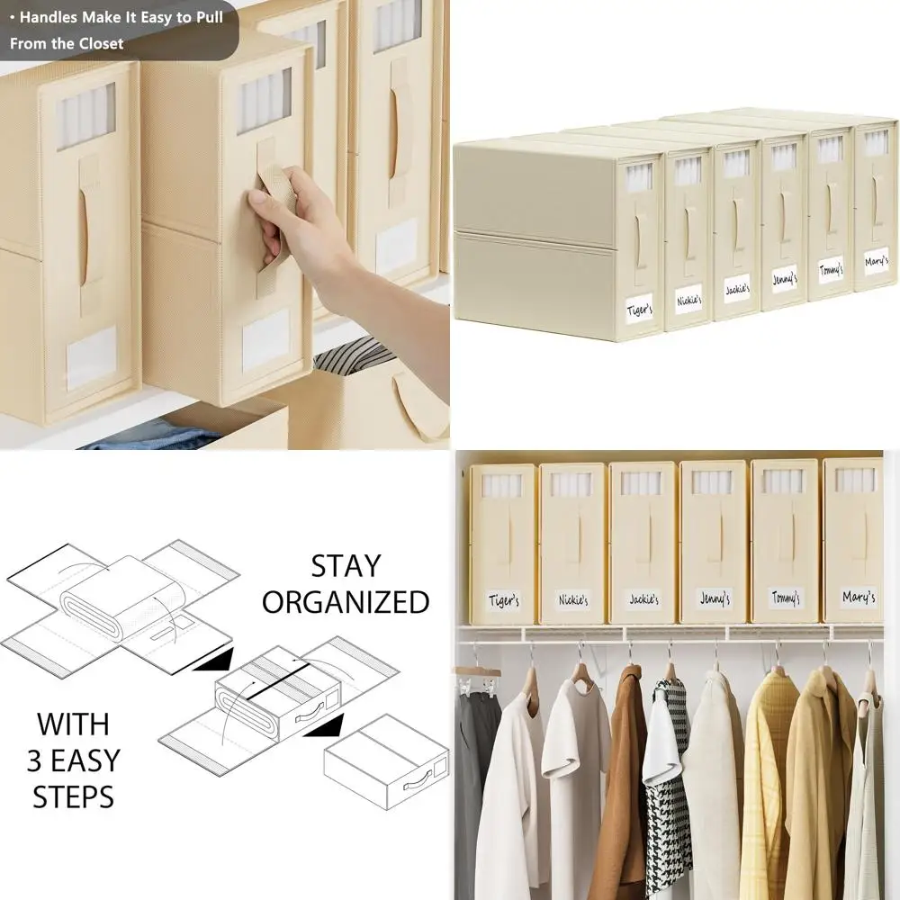 

Набор из 6 складных льняных органайзеров с окошком и этикетками для постельного белья, одеял и комплектов пододеяльников - бежевый