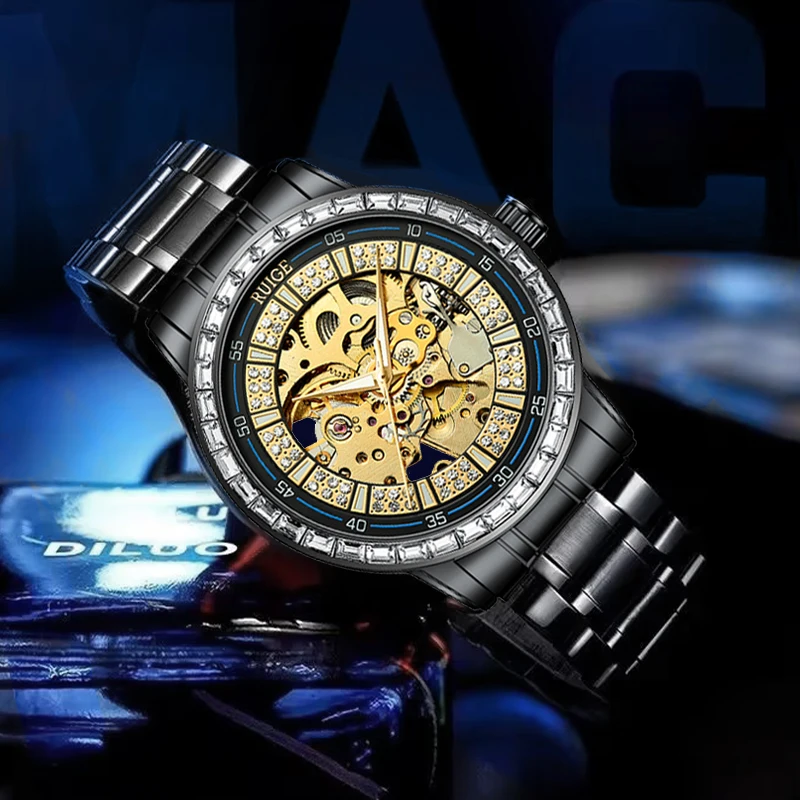 Ruige Luxe Heren Volautomatisch Mechanisch Horloge Rvs Diamant Ingelegd Holle Nacht Glow Waterdicht Trendy Horloge