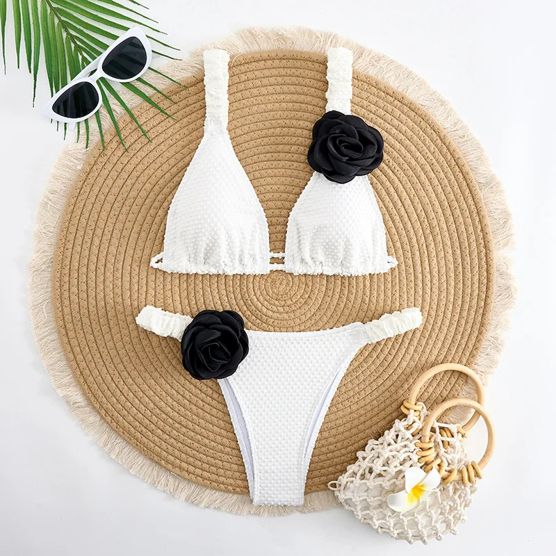 White Swimwear 3D Flower Halter Triangle Bikinis Sets Micro Thong Sexy Swimsuit Women Bathing Suit Mini Bikini Brazilian Mujer