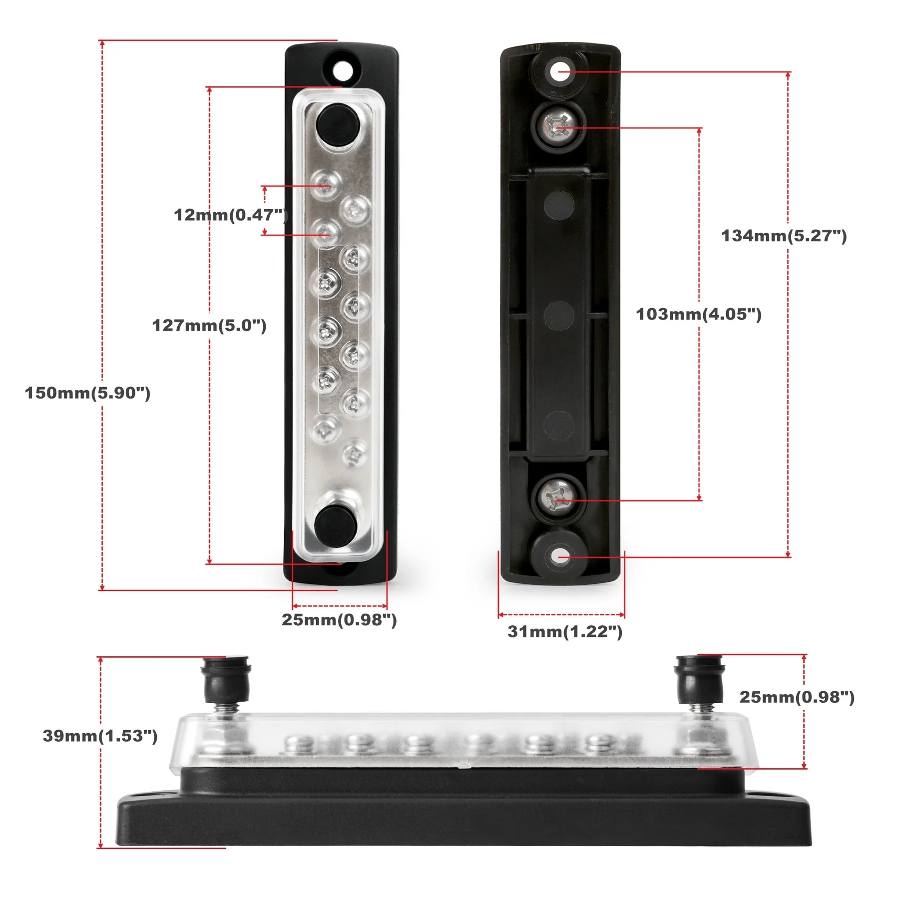 150A Battery Power Distribution Block Bus Bar Positive Negative 48V CD 2 Terminal Studs Busbar Powerterminal Block For RV Boat