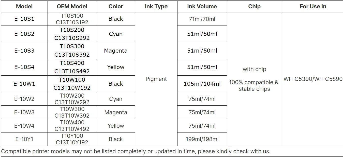 Sac d'encre à jet d'encre couleur Compatible amérique du nord T10W1 T10W2 T10W3 T10W4 pour WorkForce Pro WF-C5390 WF-C5890