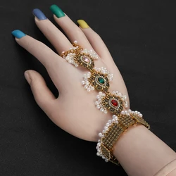 Vintage Colorful Rhinestone Bracelet with Finger Ring Gold Plated Water Drop Link Wrist Luxury Chain Women Wedding Jewelry