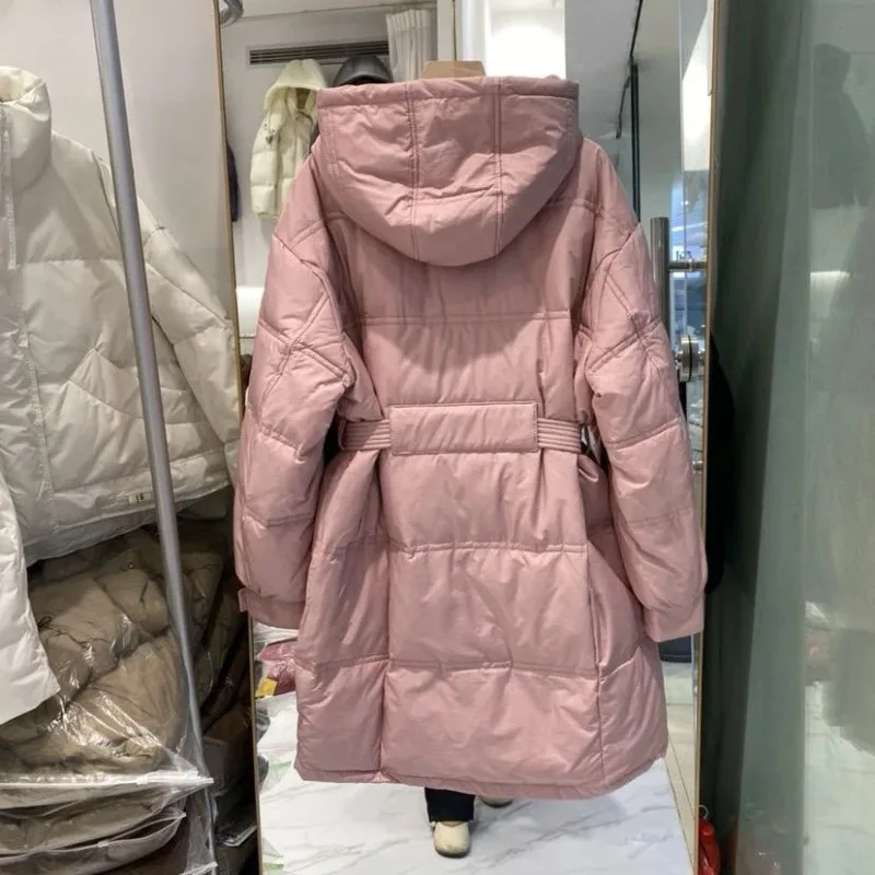 Medium Long Belt Waist Upper Chest Horizontal Pocket Zipper Winterwomen's Korean Version Hooded Thickened White Duck Down Jacket