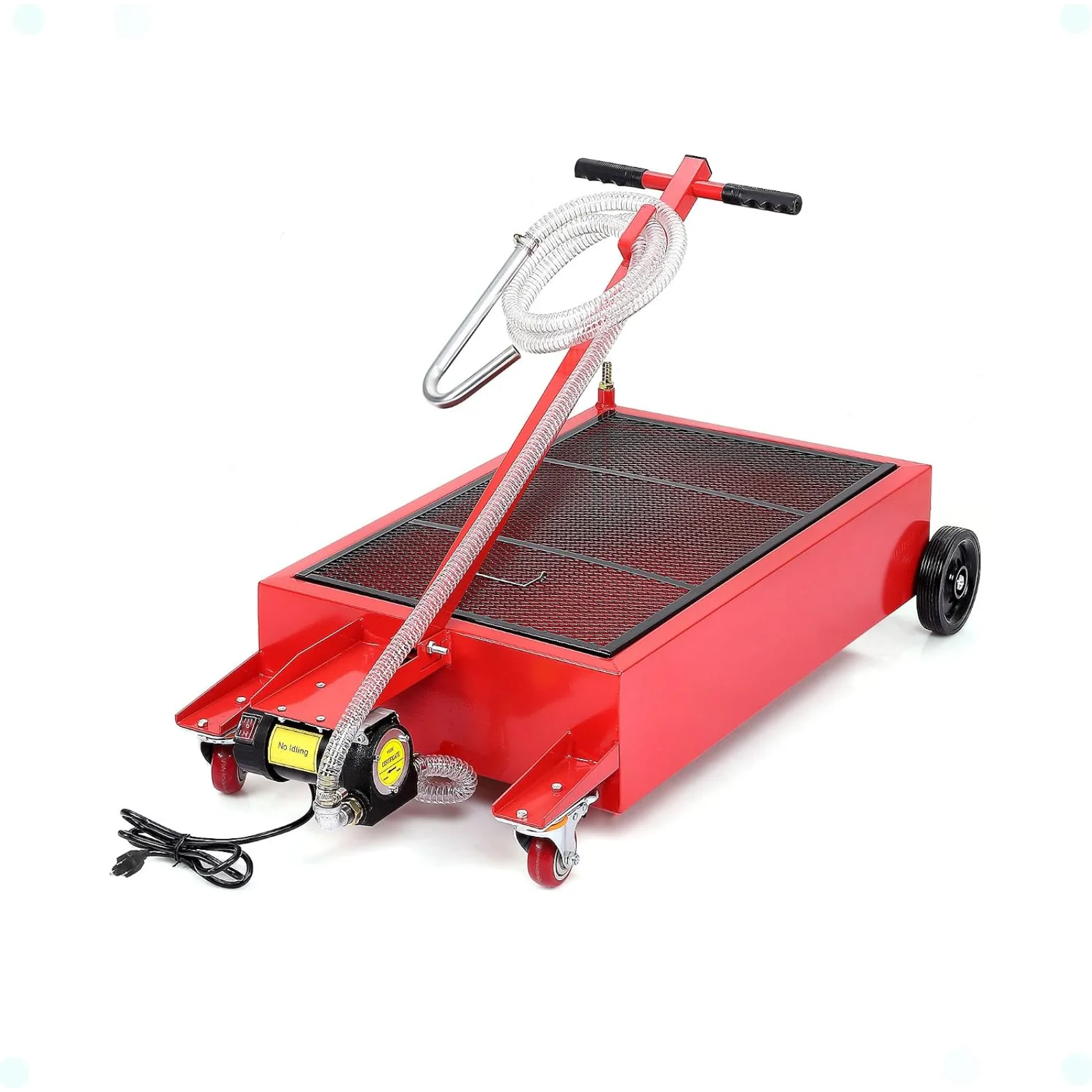 20 Gallon PioneerWorks Low Profile Rolling Oil Drain Pan Cart 110V High Current Electric Pump 8 Ft Hose Folding Handle Heavy Duty Used Oil Catch Tank for Cars Trucks SUVs RVs Red