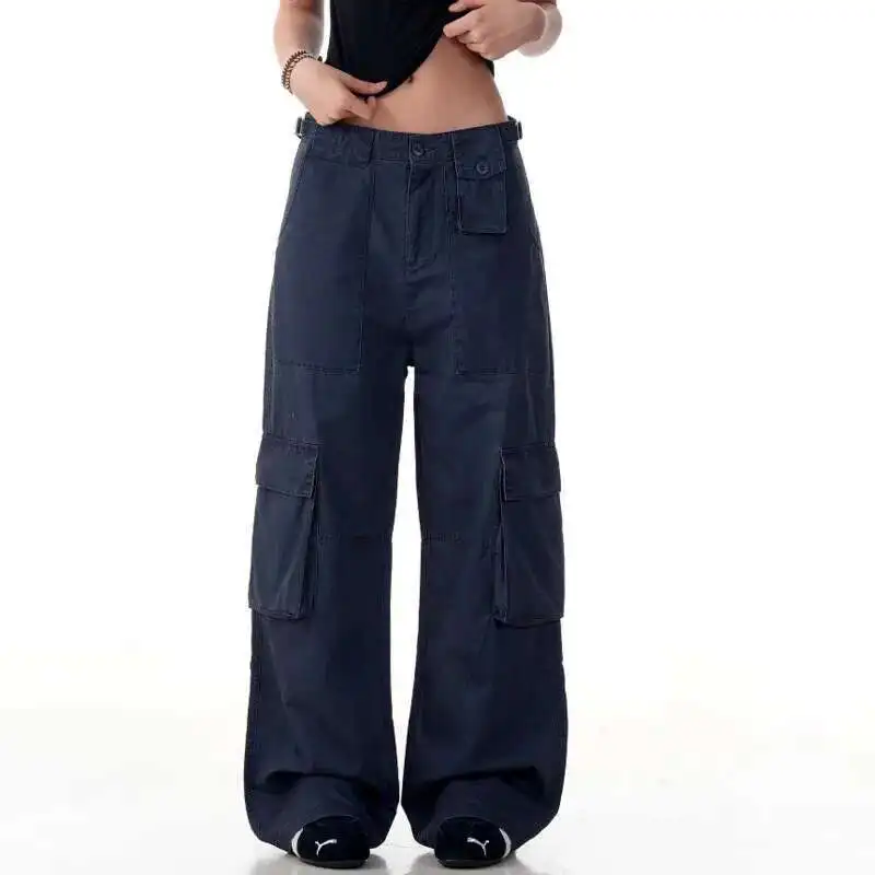 카고 바지 남성용 멀티 포켓 솔리드 컬러 벨트 디자인 아메리칸 스타일 와이드 레그 클린핏 남성 스트레이트 남성 바지 C5FY
