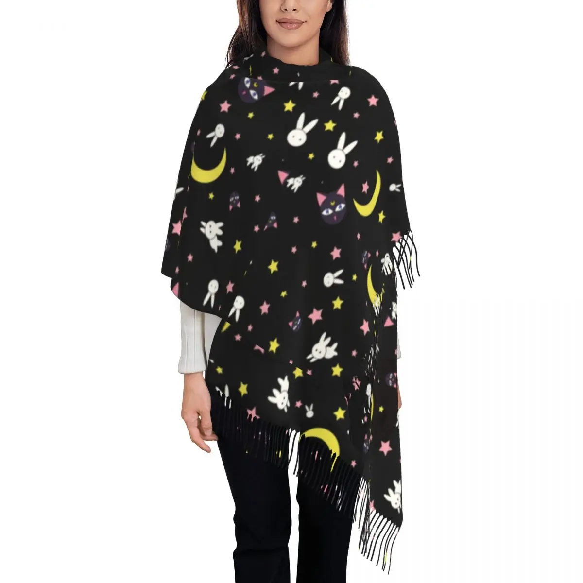 Custom Sailors Cartoon Moon Pattern Tassel Scarf Women Soft Luna Shawls Wraps Ladies Winter Scarves