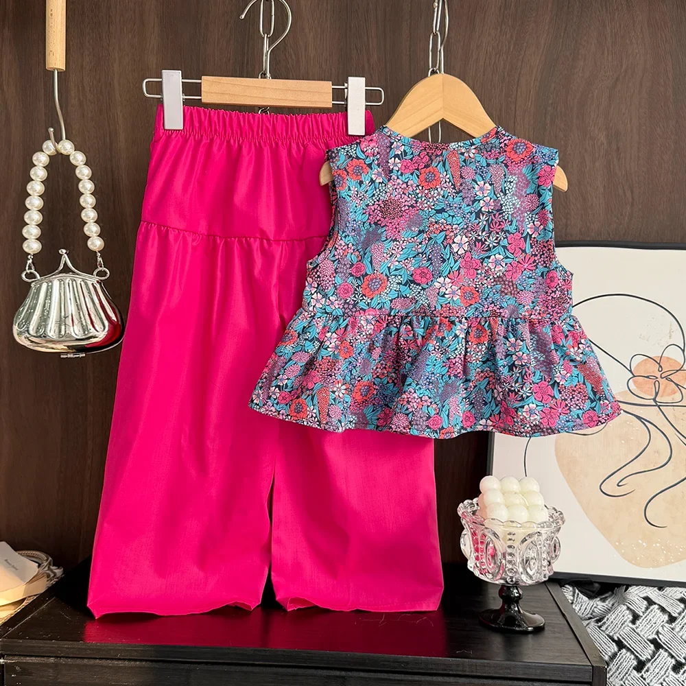 Korean Version Floral Print Girls Suit Single Breasted Sleeveless Round Neck Top+Rose Red Pants 2Pcs Set Summer New Kids Clothes