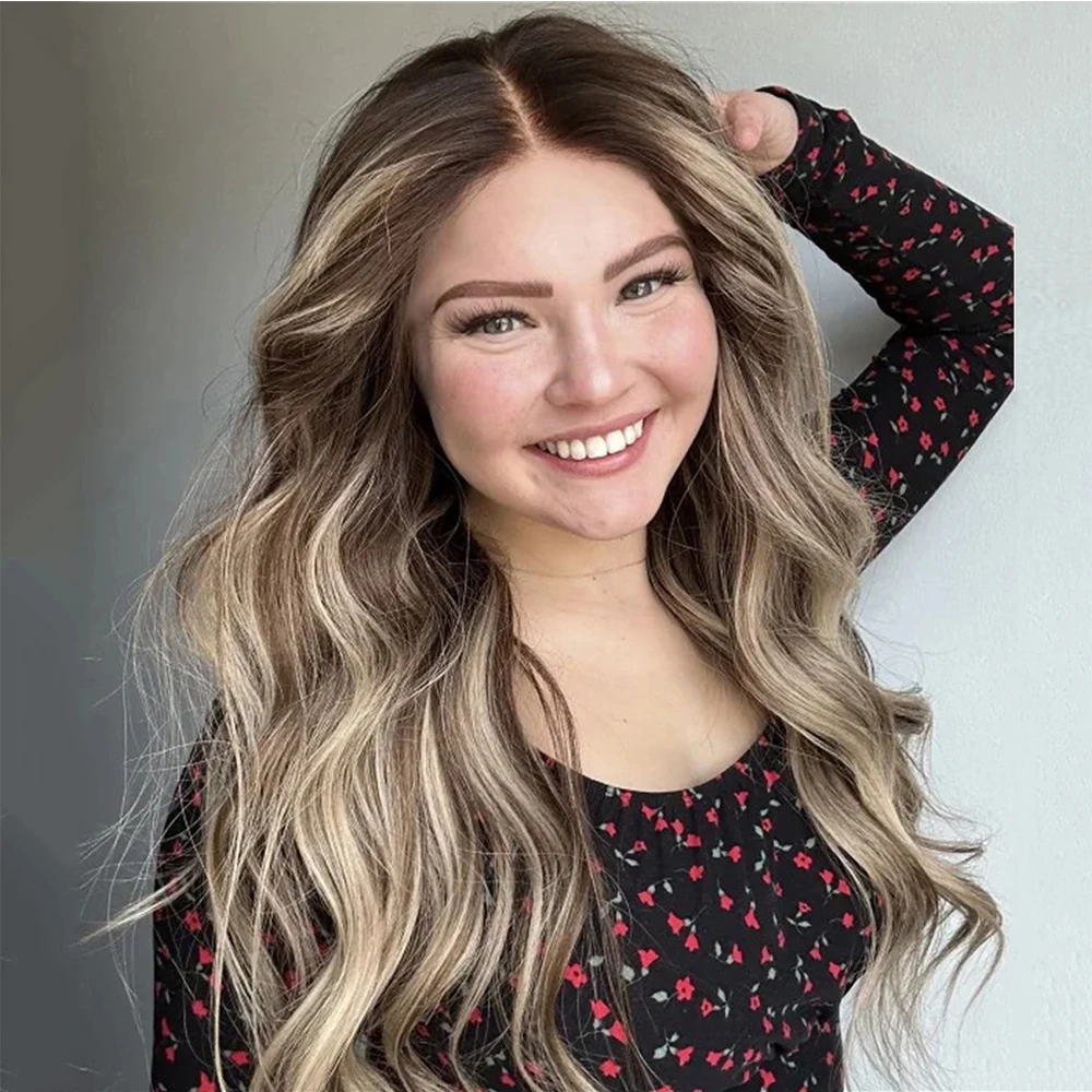 Dark Roots Blonde Brown Ombre Wavy Balayage Wig Lace Front Synthetic Wig for Women Long Body Wave Style Gift Wig Daily Party Use