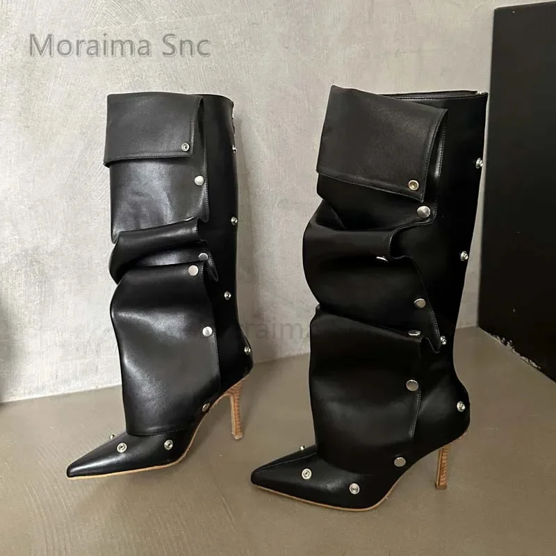 

Stud Pleated Cowboy Boots for Women Pointed Toe High Heels Knee High Boots Women's Winter Shoes Metal Button Show Long Boots