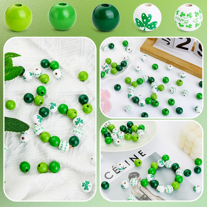 16mm St.Patrick\'s Day Wooden Beads Green Shamrock Good Luck Loose Farmhouse Beads For Jewelry Making DIY Home Decors 50pcs