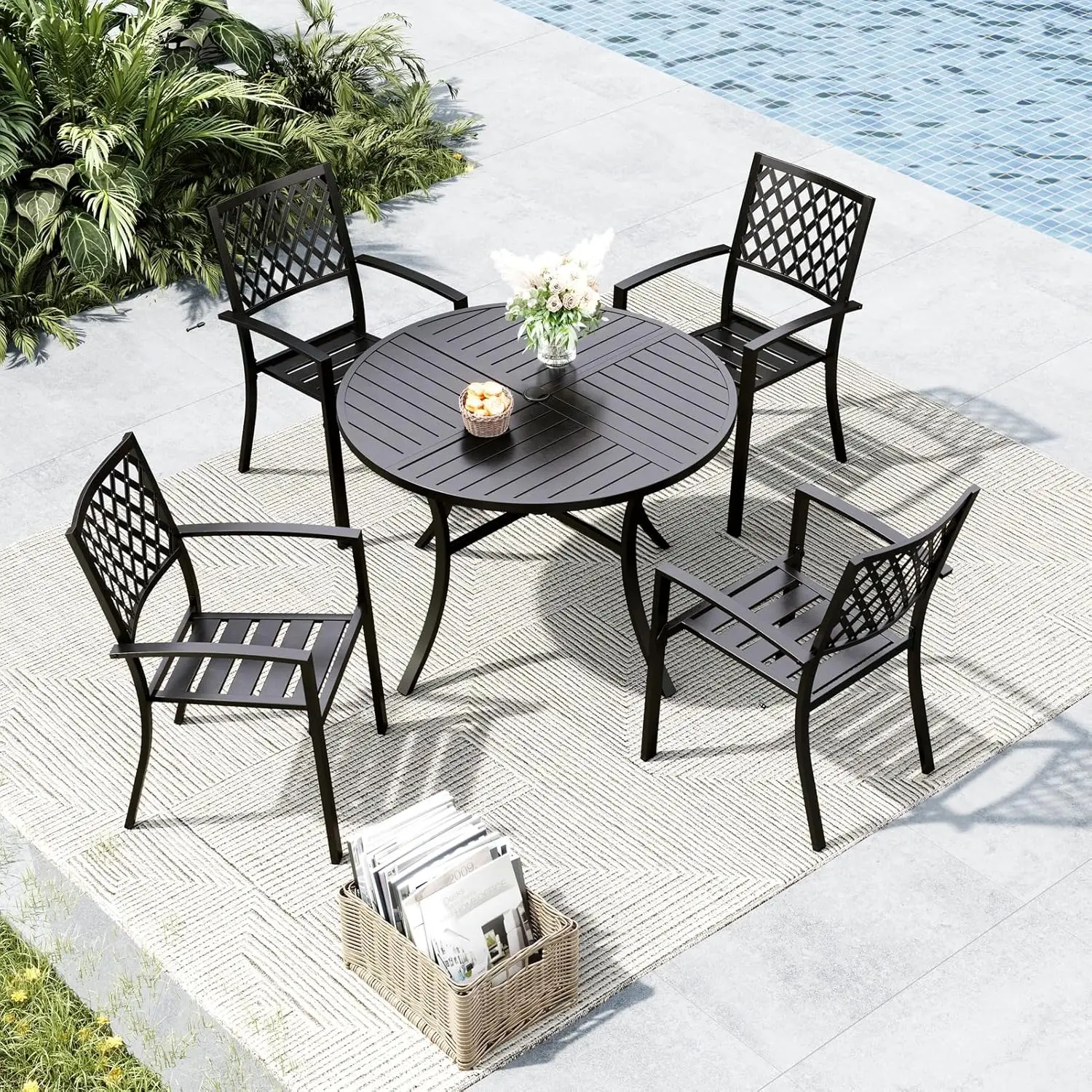 

Круглый стол и стулья для патио, кованый обеденный набор для улицы на 4 персоны с отверстием для зонта, комплект садовой мебели из 5 предметов, на заказ