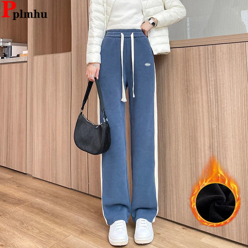 

Winter Lace-up High Waist Side Stripe Pants Plush Velvet Lined Wide Leg Sweatpants Warm Pantalones Women Korea Fashion Spodnie