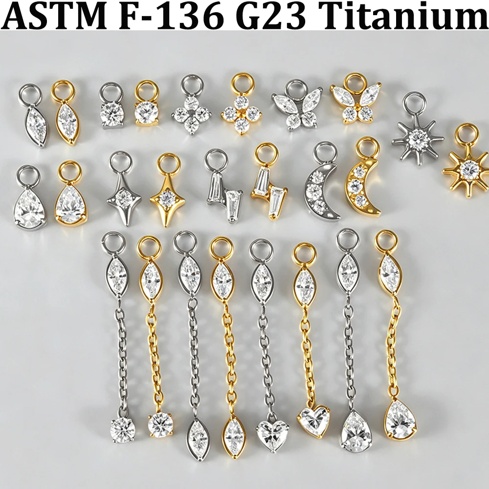 13-1PCS F136 Titan Ohrschmuck mit verschiedenen CZ-Stern-Anhängern für Ohrloben, Hänge- und Huggie-Ohrringe, zierlicher Blumenanhänger mit Kette – Detail 1