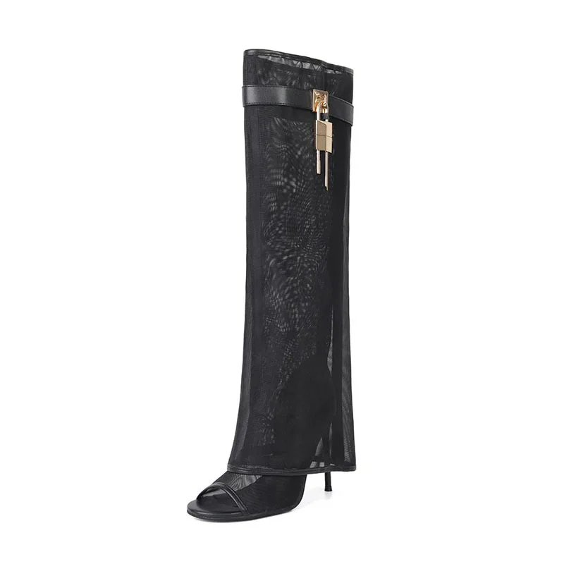 Arden Furtado Summer Mesh Thin heels Knee high boots Round toe Super high heel Turned-over Edge Metal buckle peep toe Cool boots