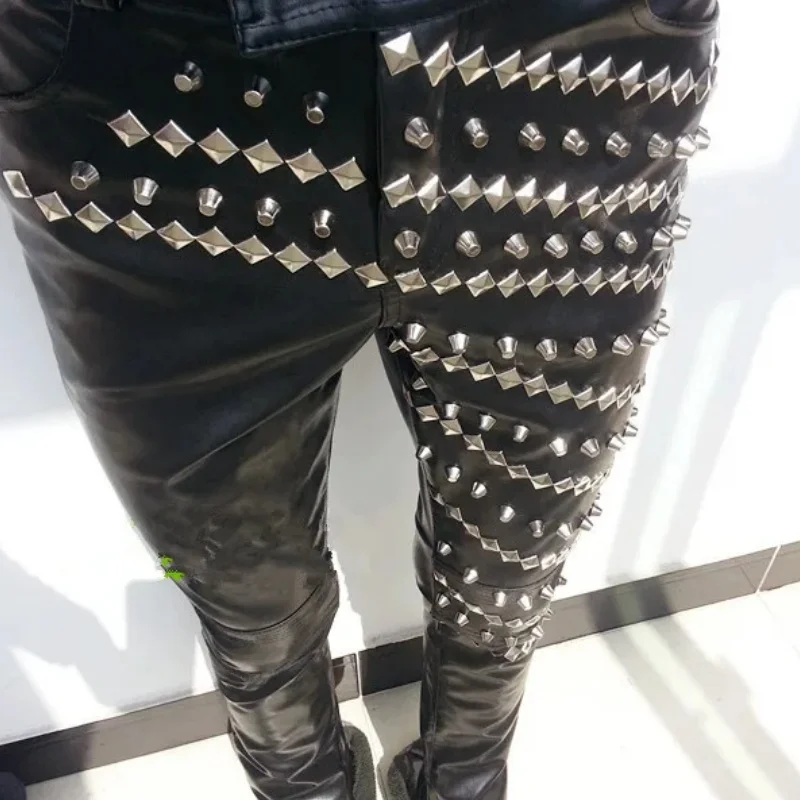 Personality Tide Male Black Rivet Leather Pants Rock Band Singers Performance Costume Bar Punk Dancer Stage Wear Slim Trousers