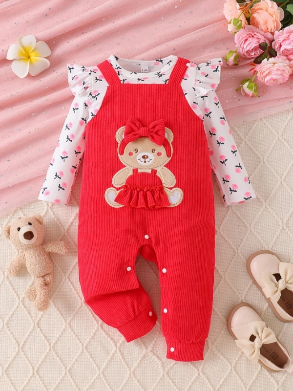 Spring Autumn Baby Girl Romper round Neck Print Patchwork Embroidery Fake Two-Piece Long Sleeve Onesie for Infants And Toddlers