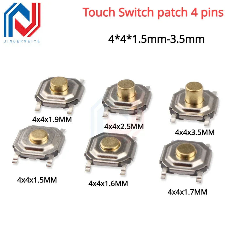 Touch Switch 4 Feet Square 4x4x1.5mm 1.6/1.7mm Waterproof Copper Head Circuit Board Button Small Micro Electronic Button Touch