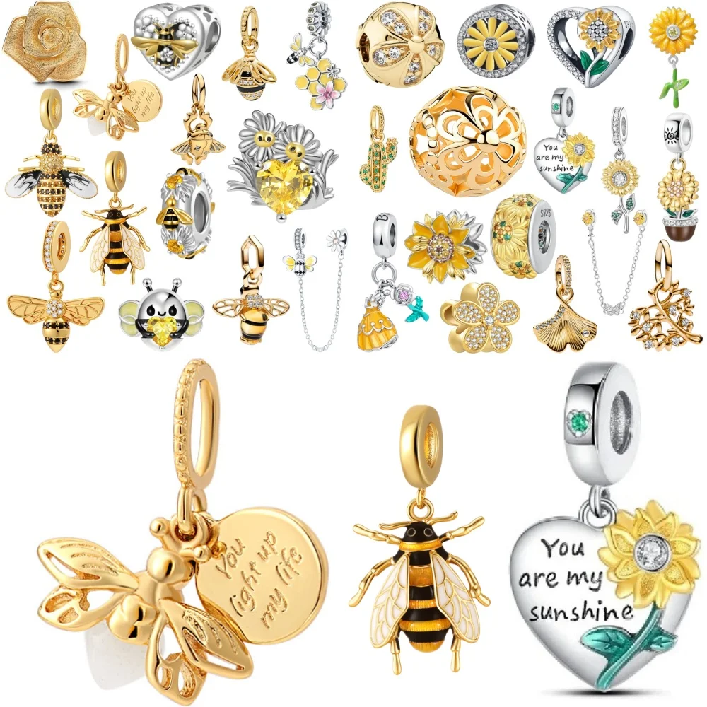 Nuevo colgante de plata 925 de Europa, girasol, luciérnaga y abeja adecuado para pulseras originales, accesorios de bricolaje, joyería exquisita