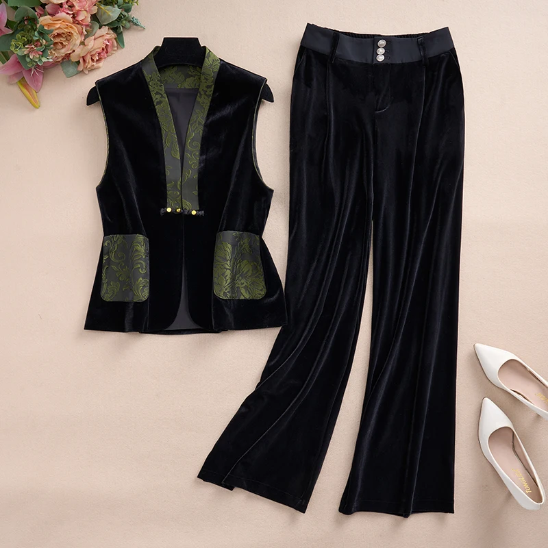 

Spring Autumn New Chinese Style National Trend Embroidered Button Women's Pants Two-Piece Set Large Size Shoulder Pad Vest Ta...