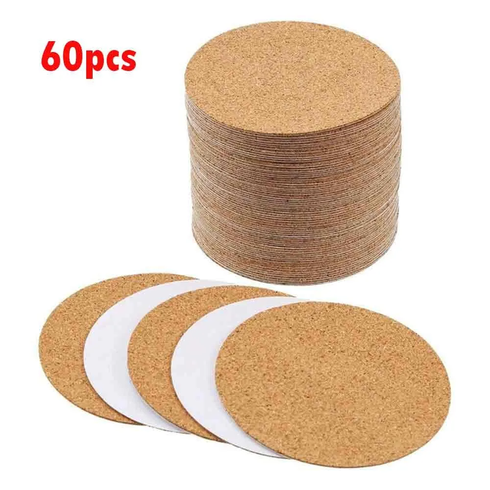 60 Pcs Self Sticker Cork Coasters Cork Mats Cork Backing Sheets 10cm/3.94 Inches For Coasters Kitchen DIY Desktop Decoration