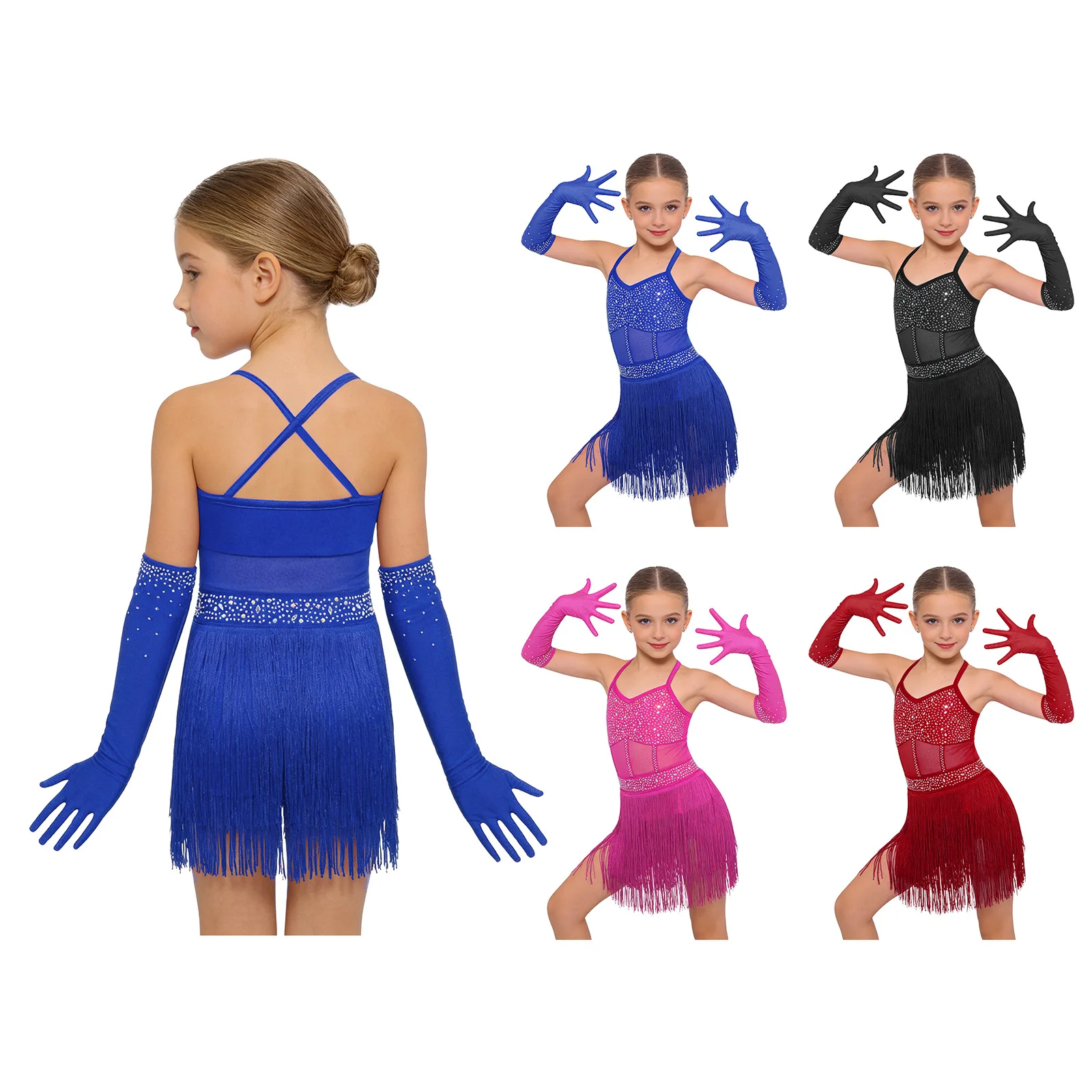 Kids Girls Tassel Latin Dance Outfit Shiny Leotard Dress with Mesh Gloves for Cha-cha Tango Rumba Samba Jazz Ballroom Dancing