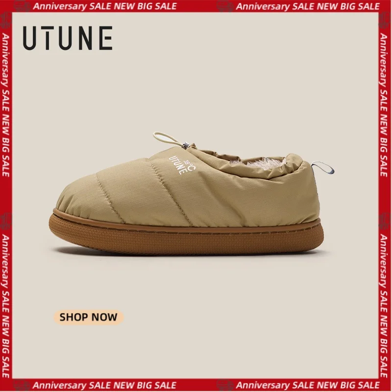 รองเท้าแตะฤดูหนาวของผู้ชาย UTUNE - รองเท้ากันน้ํากันลมกันลื่นในร่ม/กลางแจ้งพร้อมเชือกรูดซับในที่อบอุ่น (ขนาดขึ้นไป 1-2)