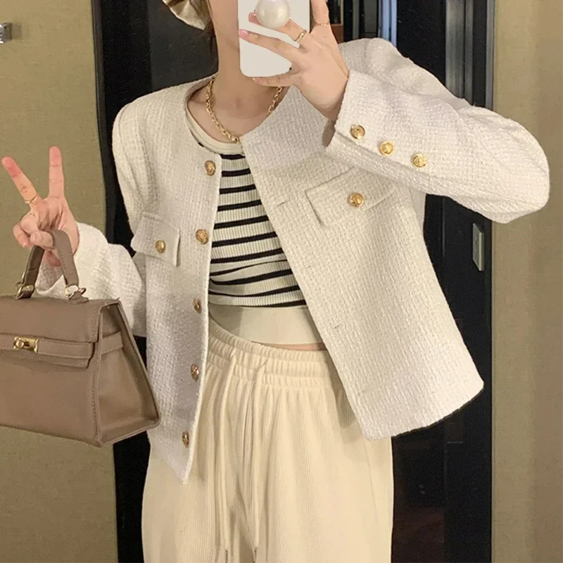 Cropped Tweed Jacket Women Vintage Aesthetic Korean Fashion Harajuku Chic-Elegant Jackets Autumn Winter Cardigan Coat