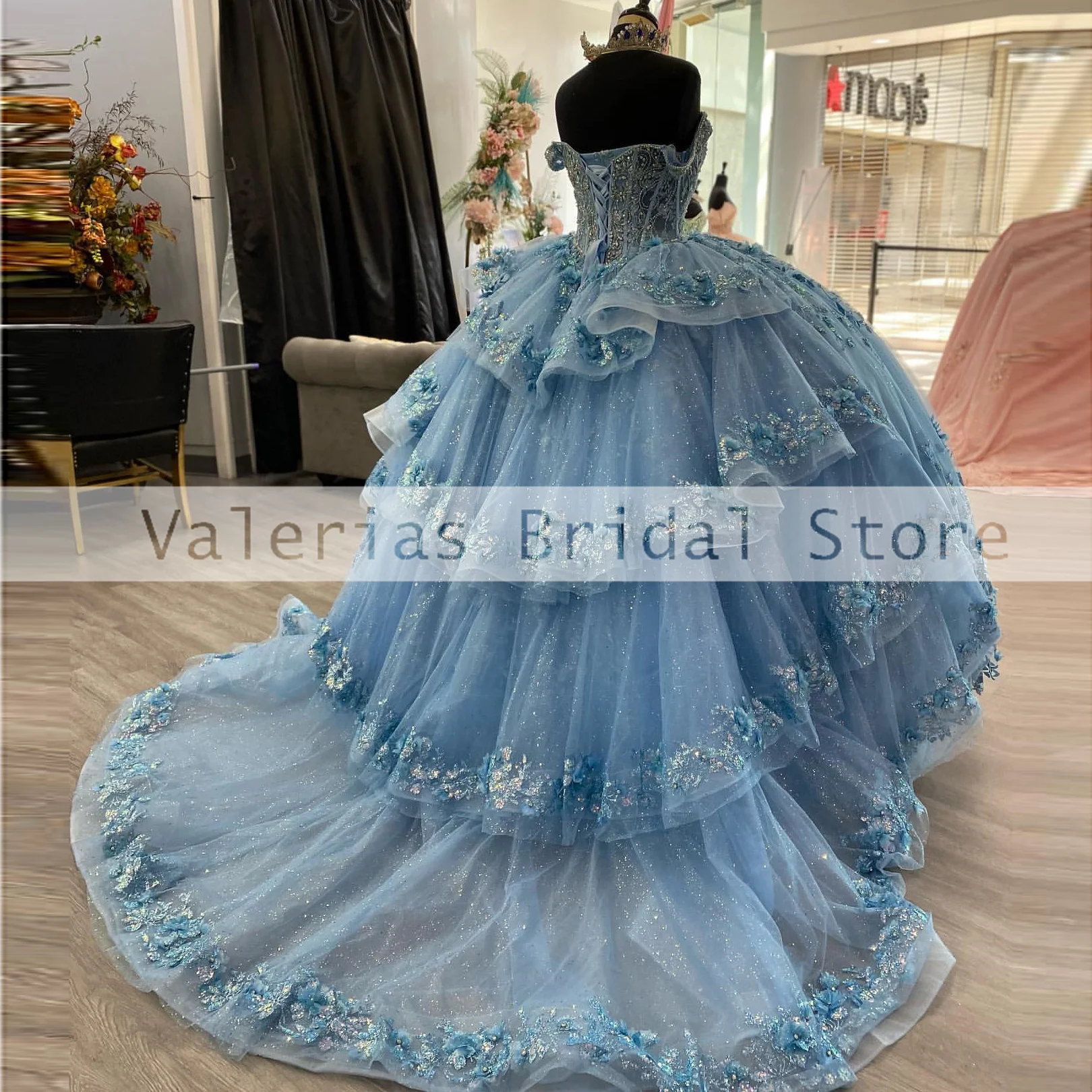 Vestido De quinceañera azul cielo, Vestido De baile con cuentas De flores 3D, corsé con volantes, Vestido De 15 quinceañeras, vestidos De noche personalizados