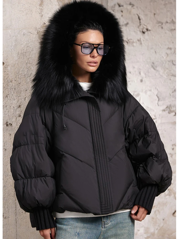 Frauen Winter Gans Unten Jacken Echt Fox Pelz Kragen Mit Kapuze Dicke Natürliche Waschbären Pelz Weibliche Outwear Warme Lose Puffer Mäntel