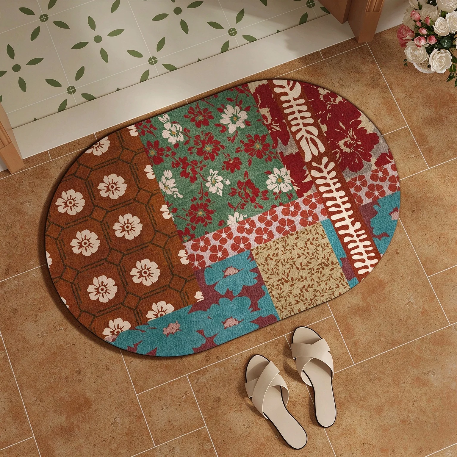 Elegant Floral Patchwork Soft Diatom Mud Bath Mat Vintage Botanical Print Non-Slip Absorbent Floor Mat Quick Drying Rug