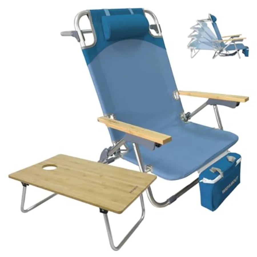 

Folding Back Beach Chair for Adults and Teens Aluminum 5-Position Lay Flat Lounge Chair with Camping Bamboo Table 00LBS Beach R
