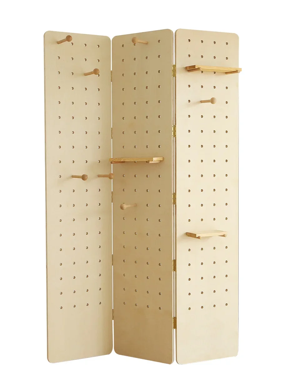 Wooden screen folding vertical partition, storage hole board display floor rack, simple art
