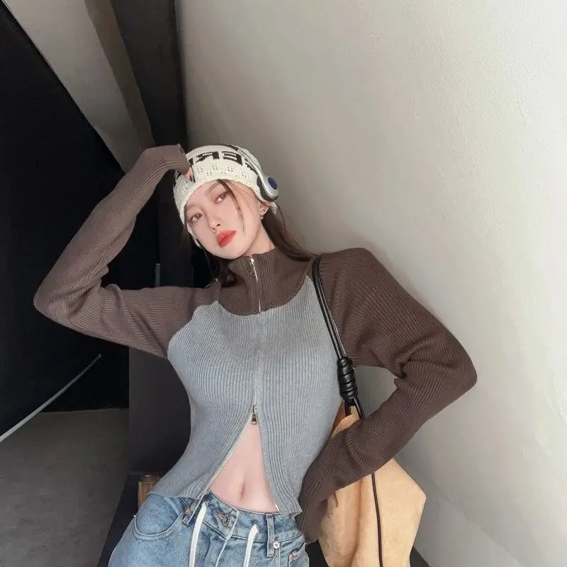 

​Slim Fit Short Length High Neck Contrast Color Double Zipper Knit Cardigan Women's 2025 Spring Autumn New Retro Hot Girl Top​