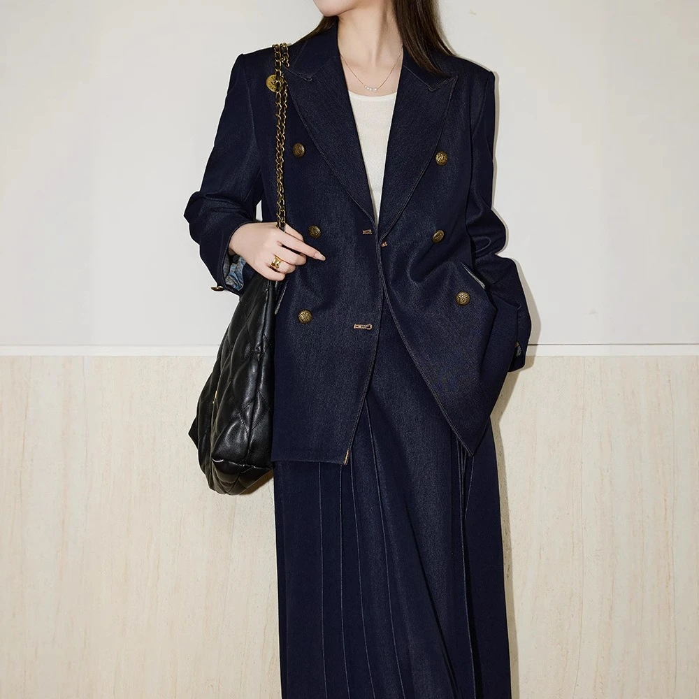 TWOTWINSTYLE Darkblue تقسم أزرار قطعتين مجموعة الإناث التلبيب كم طويل سترة الشارع الشهير الرجعية المرأة تنورة مجموعة الموضة #4