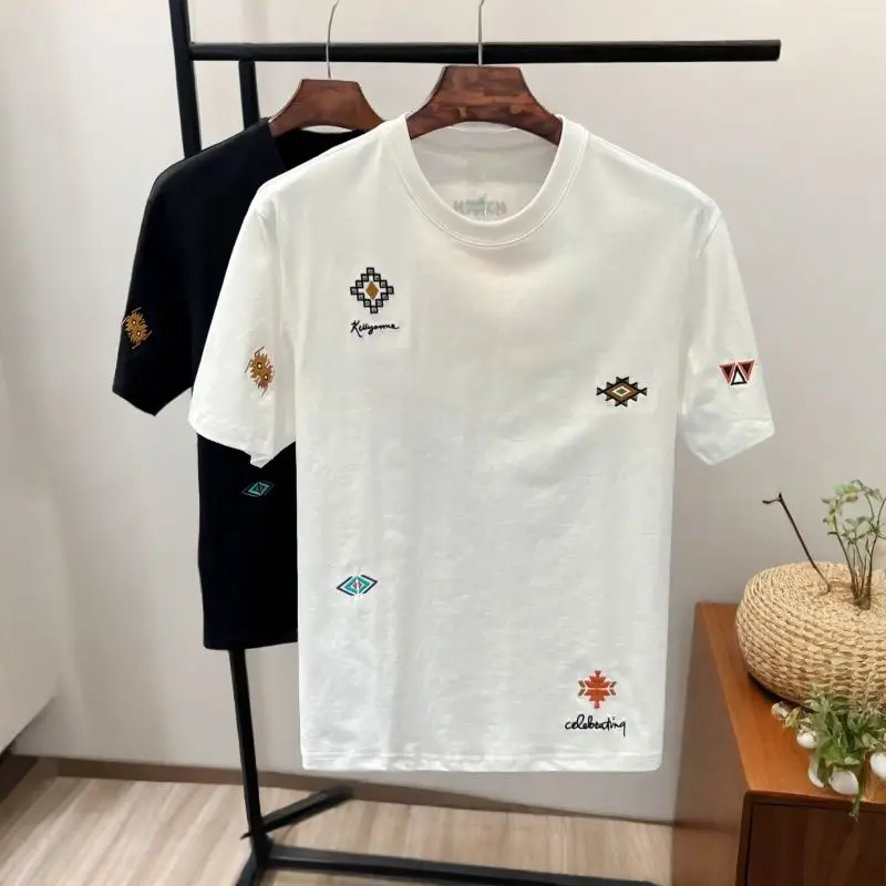 

Y2K Summer New Fashion Mens Luxury 100% Cotton White T Shirts Men Techwear Splash-ink Embroidery Printed Man Short Sleeve Tshirt