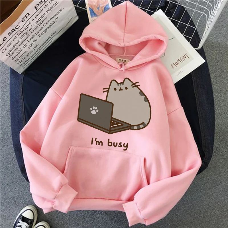 Women Ullzang Cute Cat Sweatshirt Funny Cartoon Pusheen Cat Kawaii Harajuku Korean Style Hoodies Graphic Fashion Hoody Female