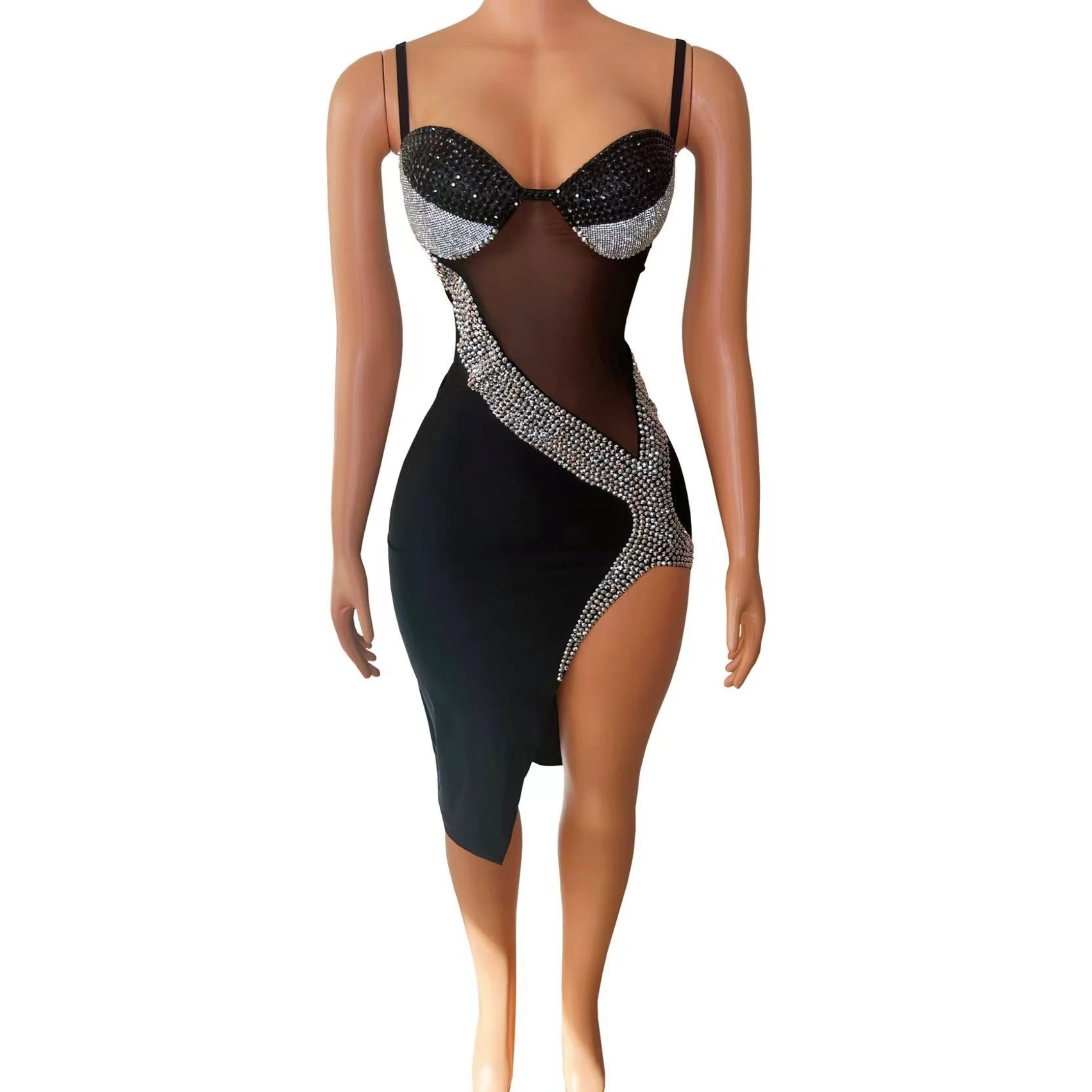 New Singer Party Dress Black Sexy Diamond Mesh Dress Nightclub Bar Dj Fringe Performance Costumes Gogo Dancer Stage Wear DN20617