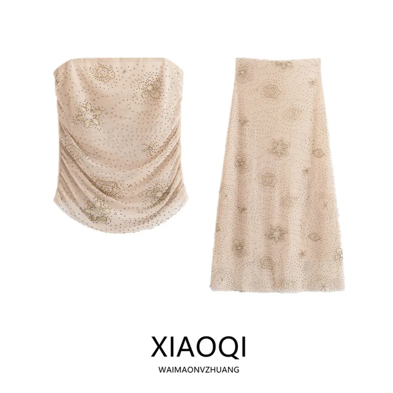 Conjunto de Top y Falda de Malla con Cuentas de Cintura Media para Mujer, Diseño de Moda Verano 2025, Falda Midi Sensacional ...
